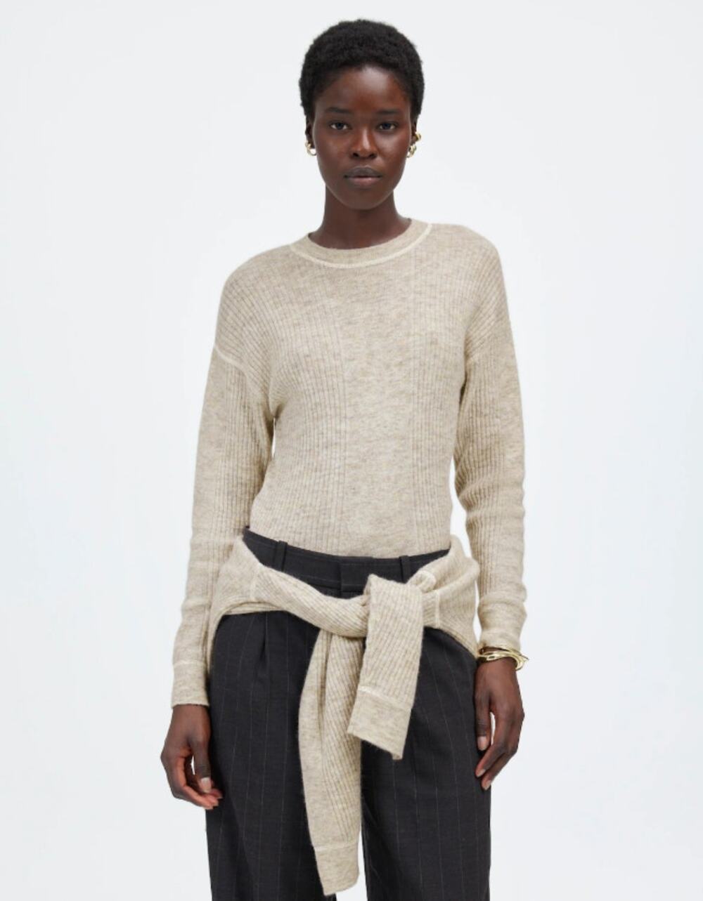 Madewell Ribbed Alpaca-Blend Crewneck Sweater Sz 2XS Heather Stone Drop Shoulder
